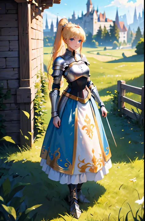 Medieval setting,see full body,1 female knight,Beautiful blue eyes,blonde hair,Ponytail with red ribbon and side bangs, Red-white scale armor