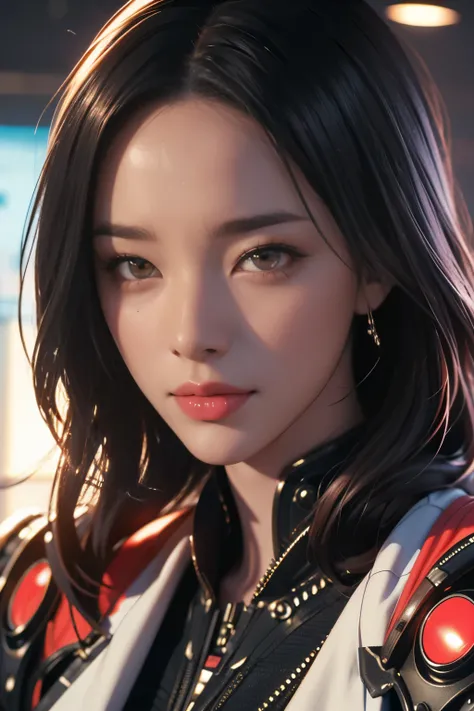 Game art，The best picture quality，Highest resolution，8K，(A bust photograph)，(Portrait)，(Head close-up:1.5)，(Rule of thirds)，Unreal Engine 5 rendering works， (The Girl of the Future)，(Female Warrior)， 22岁少女，(Female hackers)，(White and red gradient，Ancient O...