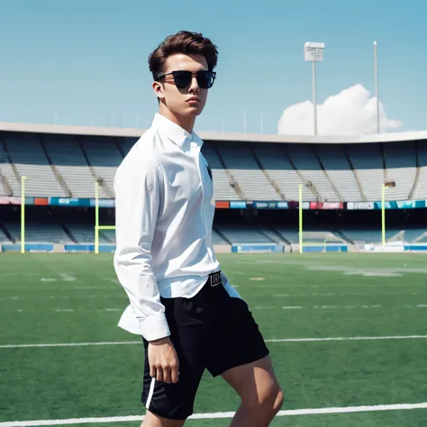 man wearing sunglasses, white shirt, black shorts from head to toe, football field in the background.