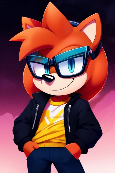 Cool Orange porcupine wearing a jacket with glasses on his head. smirking