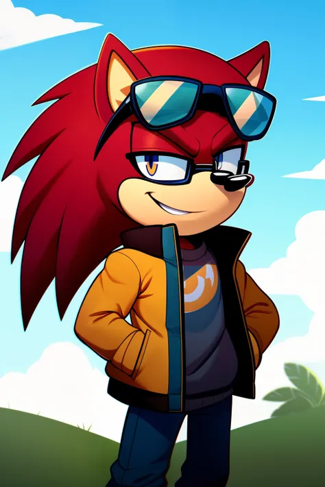 Cool Orange porcupine wearing a jacket with glasses on his head. smirking