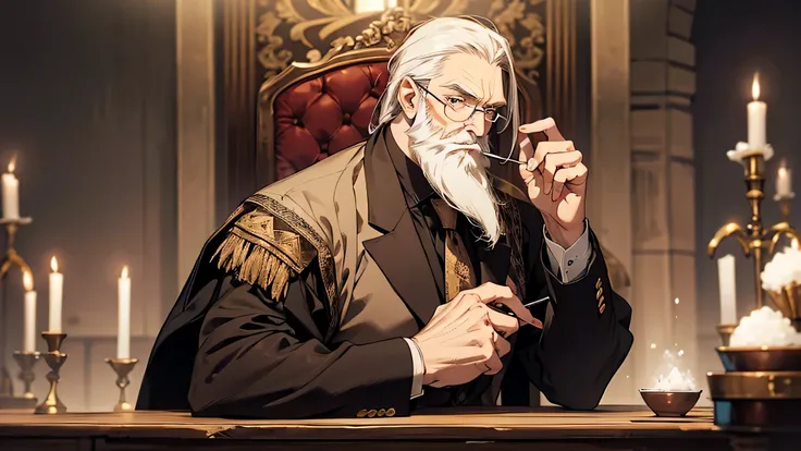 Produce an image featuring a sophisticated, mature man with a long beard and a vintage monocle, captured from a right side view. sitting. Hes holding tweezers in his left hand, gesturing slightly with his raised left hand, and his gaze is fixed on the sing...