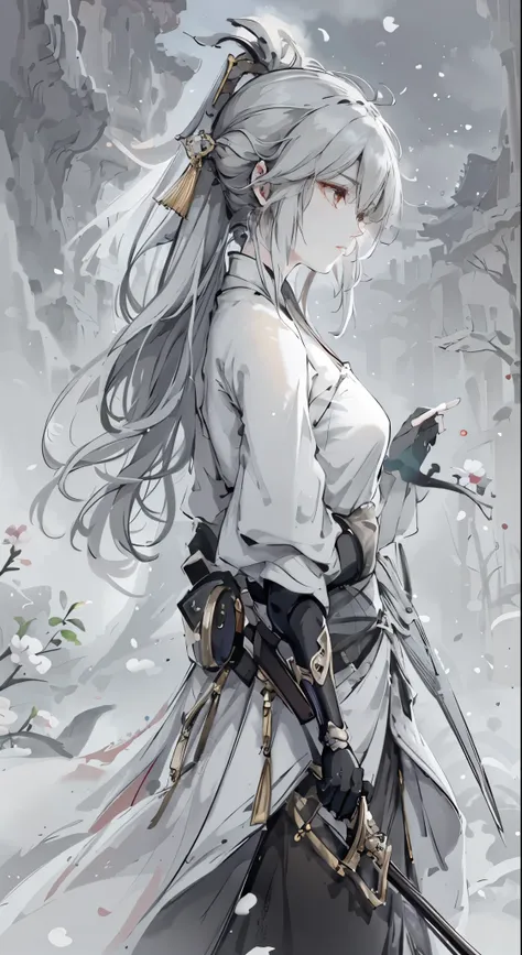 a close up of a woman with a sword in a white dress, a character portrait by Yang J, trending on cgsociety, fantasy art, beautiful character painting, artwork in the style of guweiz, guweiz, white hanfu, flowing white robes, full body wuxia, epic exquisite...