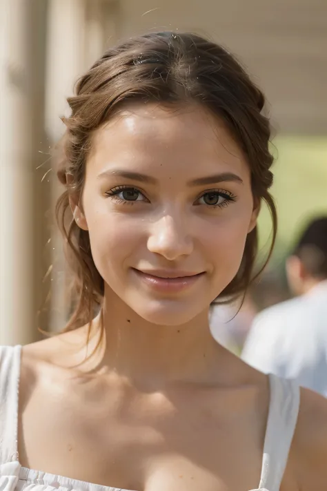 une jolie jeune femme souriante marche dans une galerie marchande, Photorealism, Fond flou, profondeur de champ courte, profondeur de champ, gros plan sur le visage