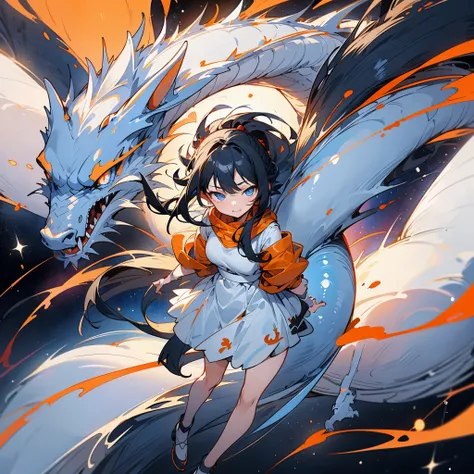 A girl age 18 with black hair, Blue eyes,white dress with black shoes,dragon with red eye orange yellow wish colour protection her in space at background