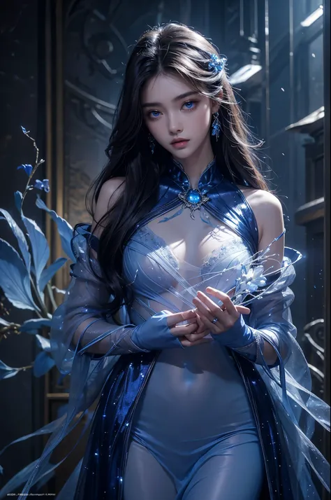 Full figure, seven -clinging shooting, 18 years old, wearing transparent science fiction clothes, exquisite faces, details, hands, ultimate details, amazing magnificence, LED internal lighting, Pedaipan style, fiber hair, glowing blue iris, glowing blue ir...