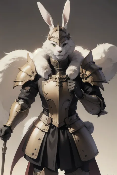 A rabbit standing on two legs, green eyes, cream colored fur, wearing paladin armor, has a scar on its nose. 