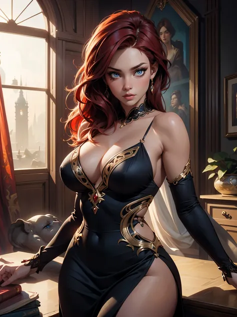 arafed woman with red hair, bouncing her  up and down, (large boobull cleavage, heavy eye liner, ultra realistic, concept art, intricate details, eerie, highly detailed, photorealistic, octane render, 8k, unreal engine. art by Artgerm and Greg Rutkowski an...