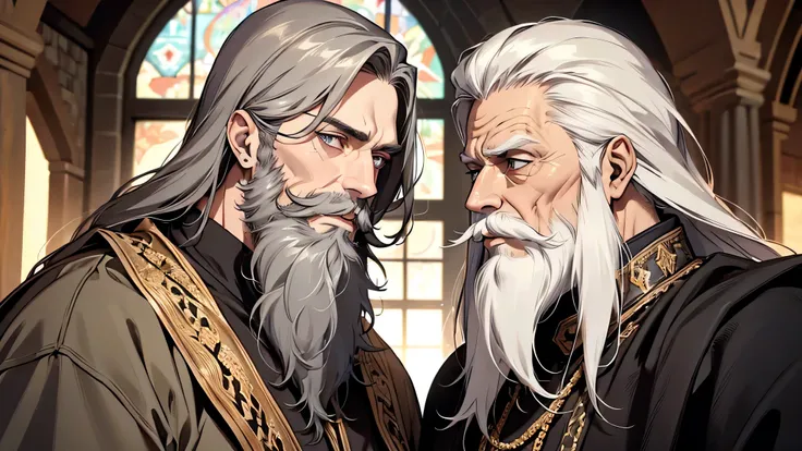 2 old men talking serious, medieval times, long beard, mustache, royal army commander, detailed face, highres, detailed eyes, detailed lips, in office