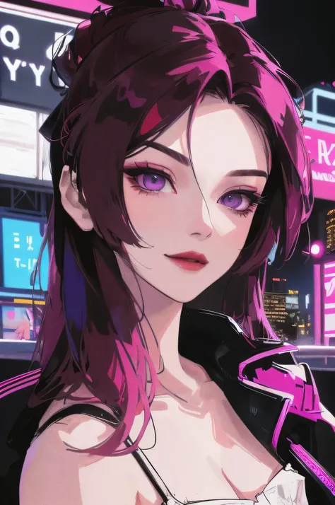 1girl, (best quality, 4k, 8k, highres, masterpiece:1.2), ultra-detailed, (portrait, mid-twenty,solo_female,nightgown, straight_hair,collarbone,(masterpiece,best quality), magenta hair,face_focus,smirk,hair pulled back,hair_pulled_back,milf,mature_woman,hai...