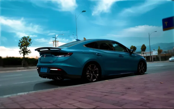 Alafid view with a blue car parked on a city street, with a sleek spoiler, vehicle photography, automatic photography, car photography, shot at golden hour, front-illuminated, front shot, Shot with iPhone 1 3 Pro Max, full view of car, dynamic angle shooti...