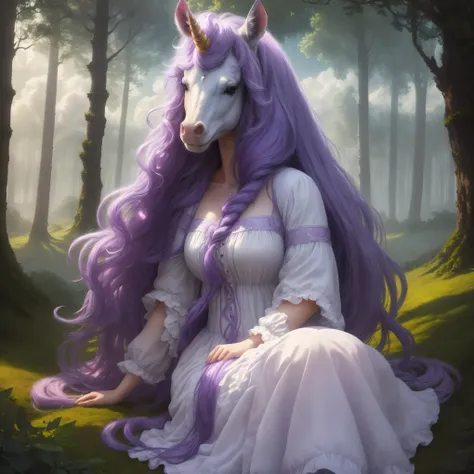 Unicorn, purple, dreamy, clouds, forest, beautiful detailed eyes, beautiful detailed lips, extremely detailed eyes and face, long eyelashes, mane of silken hair, (best quality,4k,8k,highres,masterpiece:1.2), ultra-detailed,(realistic,photorealistic,photo-r...