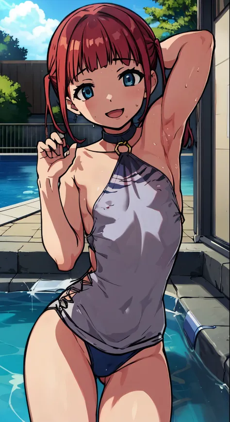 (Perfect body),highest quality,16k、Masseter muscle part、((NSFW))、(())、low length、((((embarrassing))))、:d、Tree Fe○lumes、short hair、(blue eyes),redhead、Pigtails、((Sweat))、((flat chest))、swollen nipples、(Poolside)、cloudy sky、white school swimsuit、second armpi...