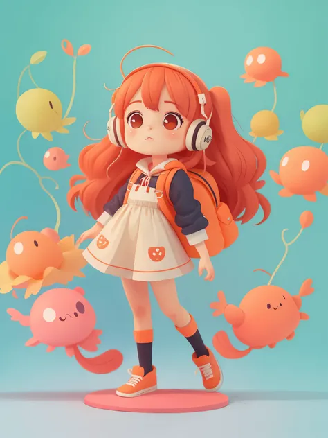 Anime girl wearing black headphones and orange backpack, Bring a mobile phone, stylized anime, rendering de uma menina anime 3d bonito,  cute anime, 3D style anime, anime style4K, anime style. 8k, Charming art style, cute characters,  Orange long hair anim...