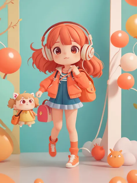 Anime girl wearing black headphones and orange backpack, Bring a mobile phone, stylized anime, rendering de uma menina anime 3d bonito,  cute anime, 3D style anime, anime style4K, anime style. 8k, Charming art style, cute characters,  Orange long hair anim...