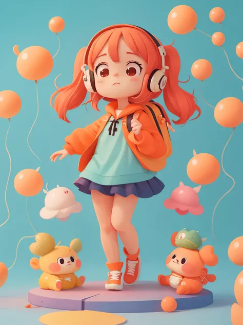 Anime girl wearing black headphones and orange backpack, Bring a mobile phone, stylized anime, rendering de uma menina anime 3d bonito,  cute anime, 3D style anime, anime style4K, anime style. 8k, Charming art style, cute characters,  Orange long hair anim...