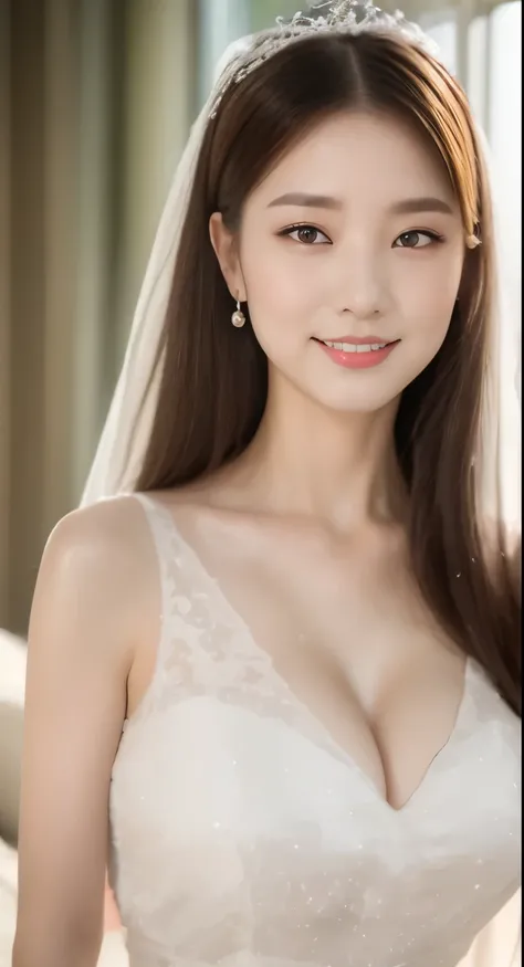 ((best image quality, 8K, master piece:1.3)), 1 girl, perfect body，big breasts:1.2、straight long hair、Beautiful woman:1.3, ( huge tit:1.2), Bando，shift dress:1.1, Extra-fine face, detailed eyes, double eyelid，smile，((white wedding dress))，Bedroom