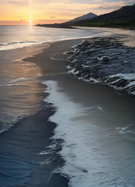 photograph,8K,be familiar with,Rough beach with waves crashing onto the shore々Nice view, Black sand, Beautiful dark beach landscape, complex oil sweep, Soft sand coastline, shoreline, outer rim beach, early morning lighting, Sand swirling, early morning li...