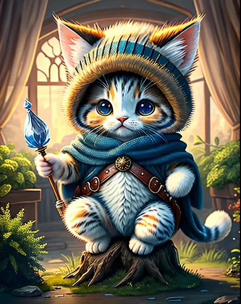 best image quality、"Create a masterpiece of cute creatures. （kitten）, high detail, In 8K、best image quality、Dressed as an adventurer、wizard、