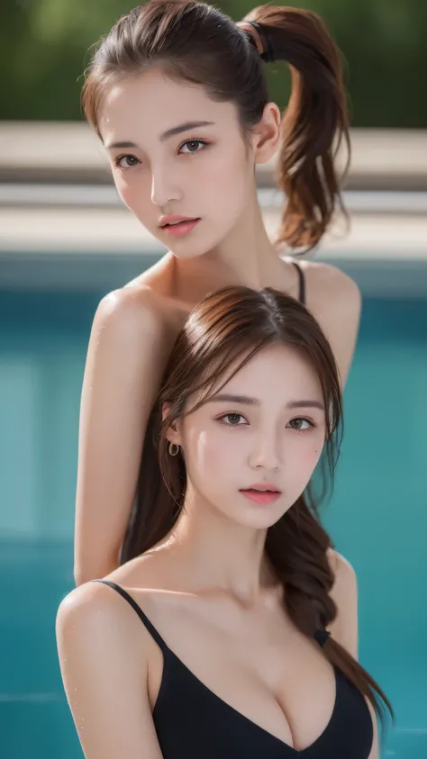 ((Best quality, 8k, Masterpiece :1.3)), 1girl, Pretty woman with emphasizing slender abs :1.3, (Dark brown hair, Ponytail, Huge breasts :1.2), Wet body:1.2, Pool, Ultra-detailed face, Detailed eyes, Double eyelid