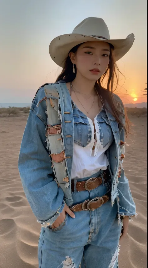 (highest quality) A movie about a lone cowboy wearing tattered clothes., Watch the sunset in an exotic Western. (Western style) A scene reminiscent of a western movie, with shade((Beautiful woman))
