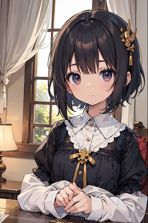 In a stylish room、(Girl&#39;s costume like a bisque doll:1.1)An adorable girl is sitting wearing。A charming ensemble、ruffled collar and cuffs、and his youth々Featuring delicate lace details that accentuate its innocent look.。her hair is perfectly styled、It i...