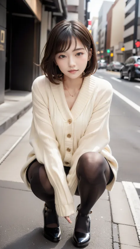 Photo taken by a professional photographer，Close-up of a woman squatting on the sidewalk with her legs crossed, kiko mizuhara, wearing a sweater, Shirahime cut brown hair, wearing a sweater, young and cute girl, japanese model, 白いwearing a sweater, Chiho, ...