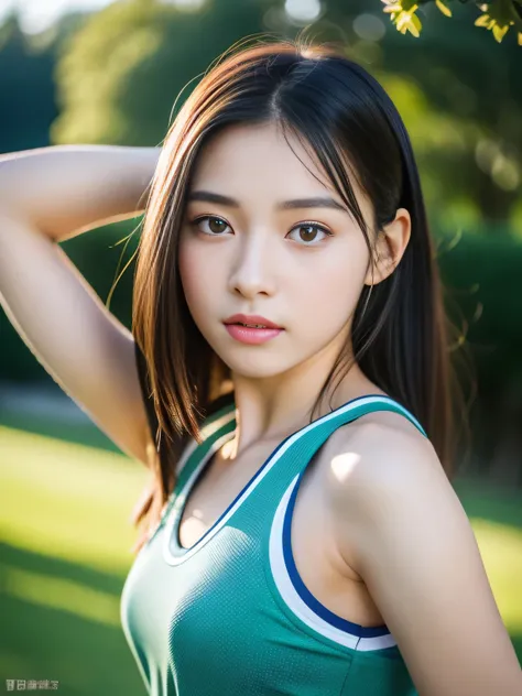 (masterpiece,highest quality:1.4),(8K,RAW photo,realistic:1.2),(shiny skin),fine skin,detailed face,fine eyes,1 girl,Upper body,japanese idol,very beautiful face,Girl Running,Wearing sportswear ,outdoor