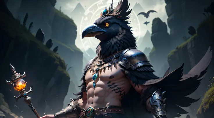 "A raven kenku shaman in ancient black faeric armor with emeralds, pele escura, wearing detailed armor and sporting a fierce and powerful expression, uma diadema com pedra de obsidia, Holding a mystical two-catalyst staff, in an epic swampy dungeon, neblin...