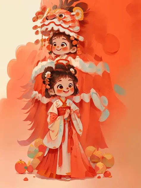 dream to be((lion dance girl))of cute girls, ((preschool))，装扮成lion dance girl，wear(((hanfu robe))), background：chinese style bui...