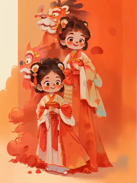 dream to be((lion dance girl))of cute girls, ((preschool))，装扮成lion dance girl，wear(((Hanfu robe))), background：Chinese style buildings and red lanterns around，smiling, (masterpiece: 1.2) (actual: 1.2) (Bokeh) (best quality) (delicate skin: 1.3) (intricate ...