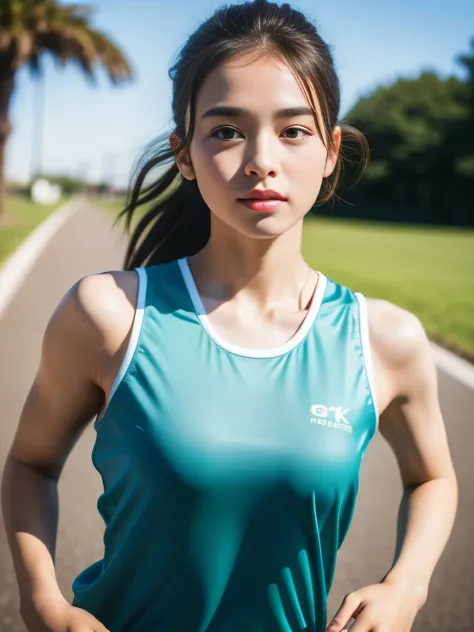 (masterpiece,highest quality:1.4),(8K,RAW photo,realistic:1.2),(shiny skin),fine skin,detailed face,fine eyes,1 girl,Upper body,japanese idol,very beautiful face,Girl Running,Wearing sportswear ,outdoor