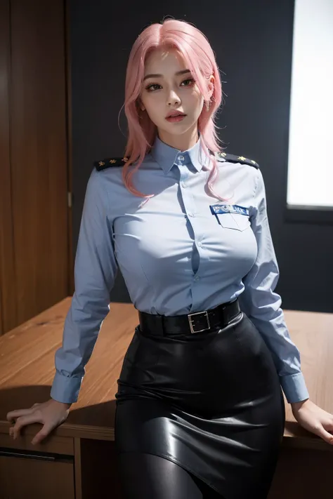 arafed woman in a tight police uniform pink hair posing in police station, attractive girl, on a desk, attractive woman, very beautiful woman, lovely woman, sexy girl, attractive and beautiful, very attractive and beautiful, very very beautiful woman, jaw-...