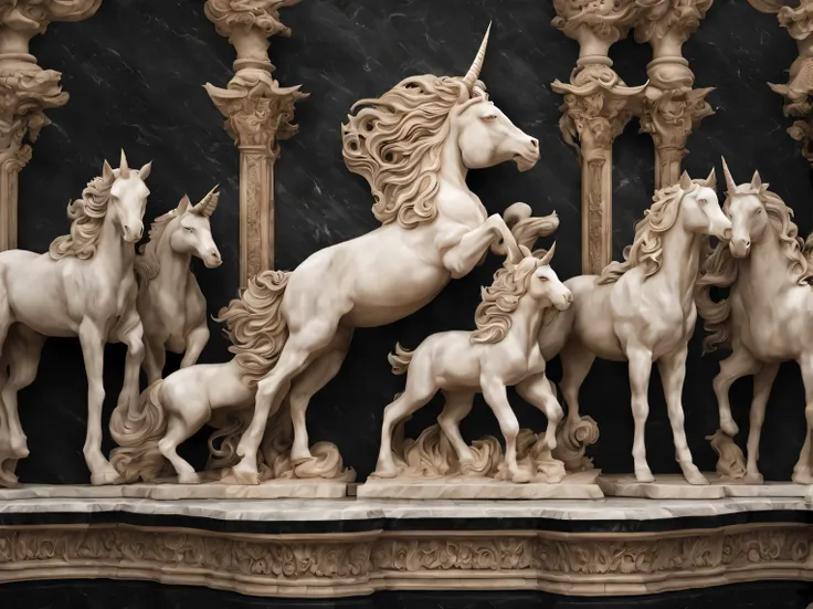 the art of stone carving, detailed stone sculpture, detailed unicorn carved from dark marble, the luxurious flowing mane of a un...