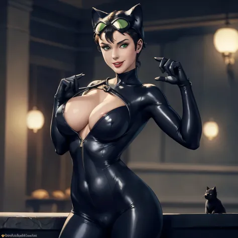 (masterpiece, best quality:1.2), catwoman, 1girl, solo, breasts, looking at viewer, smile, (cat ears, goggles, goggles on head), huge breasts, navel, open clothes, black bodysuit, night, center opening, unzipped, open bodysuit, green eyes, blurry backgroun...