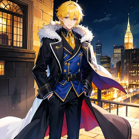 A man，Handsome，Yellow hair, Wavy Short Hair,  nightcity，Sateen, Wizard coat large，Put your hands in your pockets