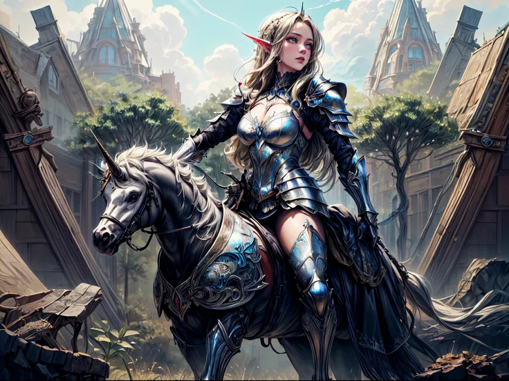 a illustration of a beautiful female elf knight riding a unicorn in the forest, female elf knight, extremely beautiful female el...