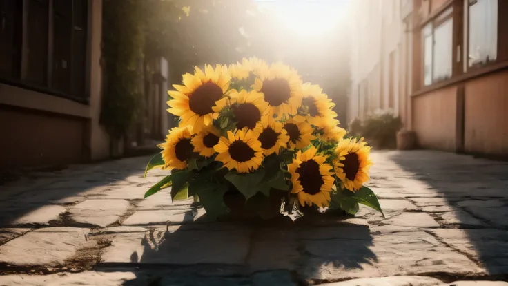 hyper ultra realistic photographs full body of A vibrant bouquet of sunflowers basks in a warm ray of sunlight, casting long shadows on a crisp white backdrop. Their cheerful faces seem to sing with joy. ratio 16:9, 4k, 8k resolution, High quality photo, h...