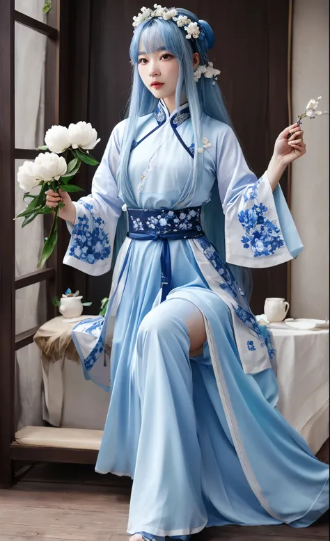 Blue peony flowers for decoration，Long light blue hair，Dark blue and white clothes，Fairy Sister of Hehuan Sect，A crazy beauty who knows how to whip slaves！