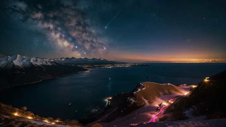 universe、starry sky、Mountain、ocean、bright colors，pink