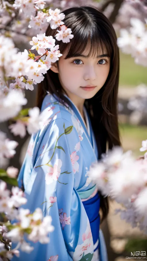 photography of a 17 year old Asian woman hiding behind cherry blossoms in a kimono, pale skin, blue eyes, camera Nikon D850 f/16, high detailed