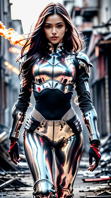 18 year old girl in red and black full metallic  armor in fighting pose, beautiful model, cute face, slim face, slim body, small waist, slim legs, perfect eyes, bright eyes with high level of detail, sharp focus, detailed skin pores, unique face, Mix with ...