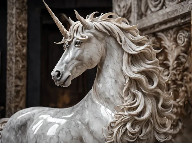 the art of stone carving, detailed stone sculpture, detailed unicorn carved from dark marble, the luxurious flowing mane of a un...