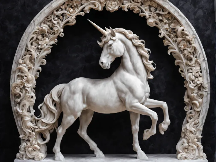 the art of stone carving, detailed stone sculpture, detailed unicorn carved from dark marble, the luxurious flowing mane of a un...