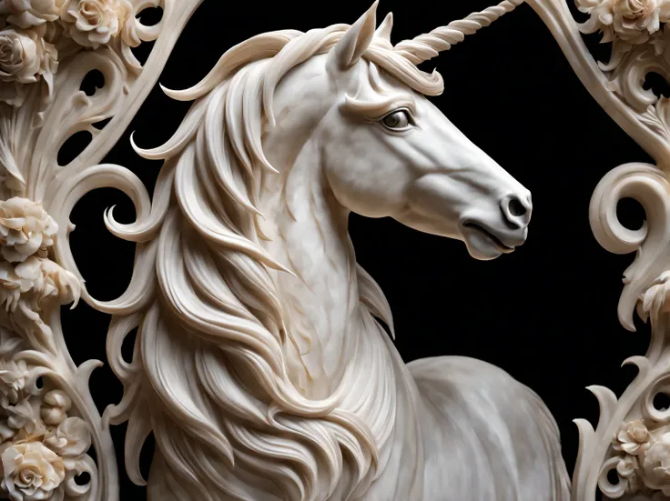 the art of stone carving, detailed stone sculpture, detailed unicorn carved from dark marble, the luxurious flowing mane of a un...