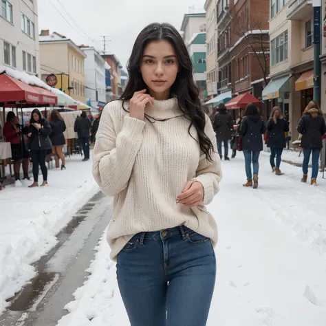 attractive woman in a red sweater and jeans standing in the snow, (tits:1:1), snow is falling, cute woman, beautiful fillipino woman, black hair, wavy hair, style of julia razumova, gorgeous female, in style of kyrill kotashev, anna nikonova aka newmilky, ...