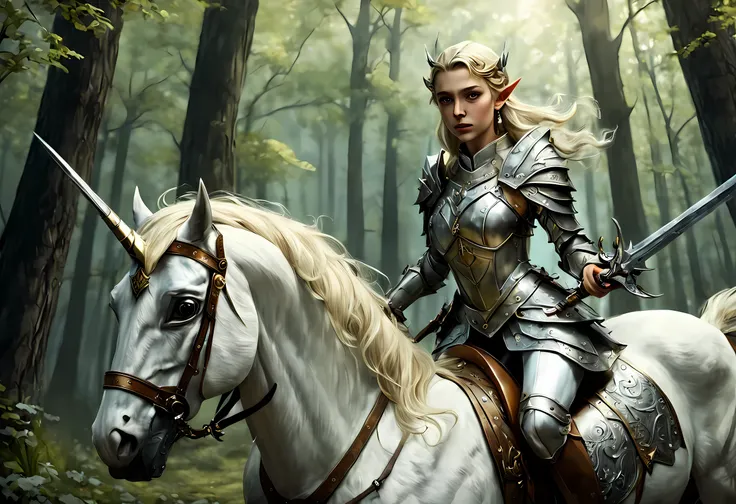 a illustration of a beautiful female elf knight riding a unicorn in the forest, female elf knight, extremely beautiful female elf (best details, Masterpiece, best quality: 1.5), ultra feminine princess, ultra detailed face (best details, Masterpiece, best ...