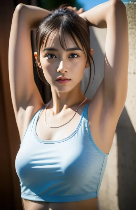 (masterpiece,highest quality:1.4),(8K,RAW photo,realistic:1.2),(shiny skin),fine skin,detailed face,fine eyes,1 girl,Upper body,japanese idol,very beautiful face,Girl Running,Wearing sportswear ,outdoor