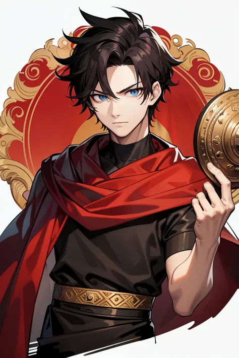 (high-quality, breathtaking),(expressive eyes, perfect face) 1boy, boy, solo, , black hair, red coloured eyes, short hair length, comma forehead hair, korean hair, spiky hair, serious expression, looking at viewer, portrait, ancient greek clothes, red and ...