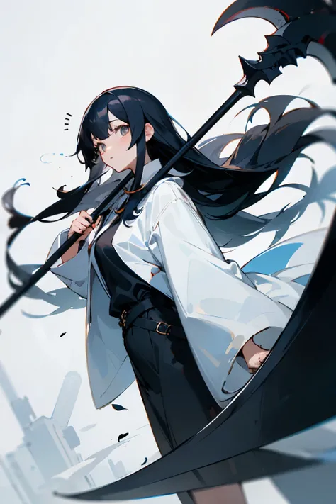 long black hair，cute，Marume，Dressed like a grim reaper，1 person，White base，large Scythe